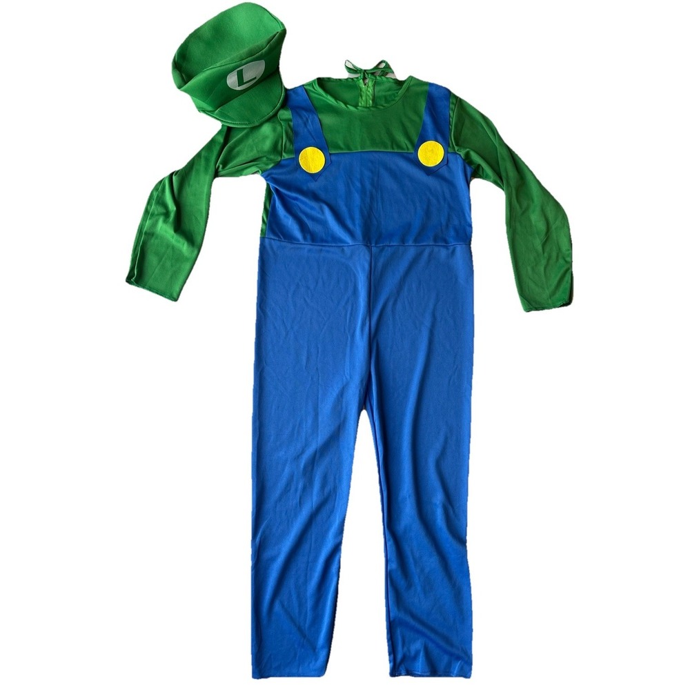 Super Mario Luigi Brothers Boys Costume Halloween Size‎ Large Jumpsuit Hat